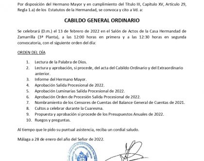 CONVOCATORIA CABILDO GENERAL ORDINARIO (FEBRERO 2022)
