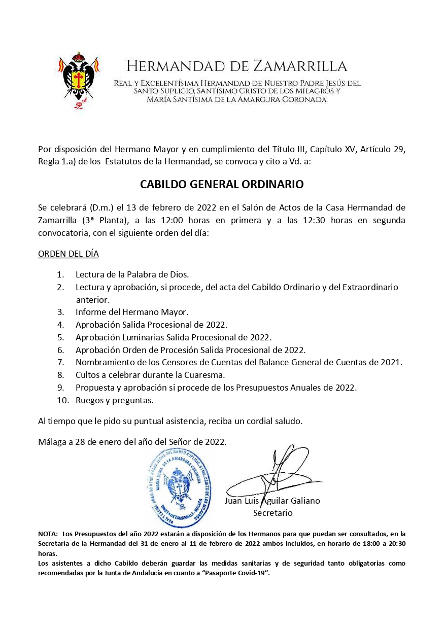 CONVOCATORIA CABILDO GENERAL ORDINARIO (FEBRERO 2022)